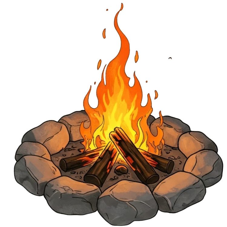 campfire แปลว่า กองไฟที่ก่อขึ้นกลางแจ้งโดยผู้ตั้งแคมป์