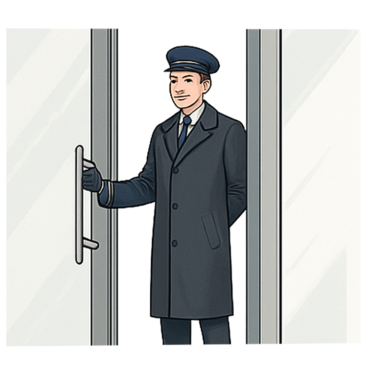 doorman แปลว่า คนเปิดประตูหน้าโรงแรมหรืออาคารต่างๆ