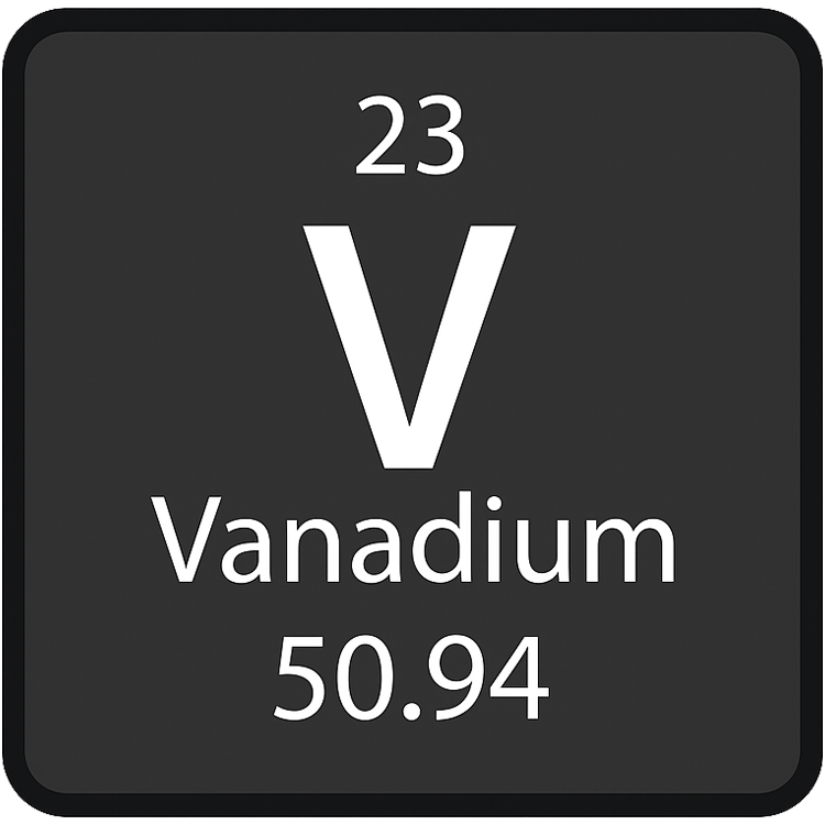 vanadium แปลว่า ธาตุโลหะสีขาวเป็นตัวเร่งปฏิกิริยาในการทำเหล็กอัลลอยด์ (V)